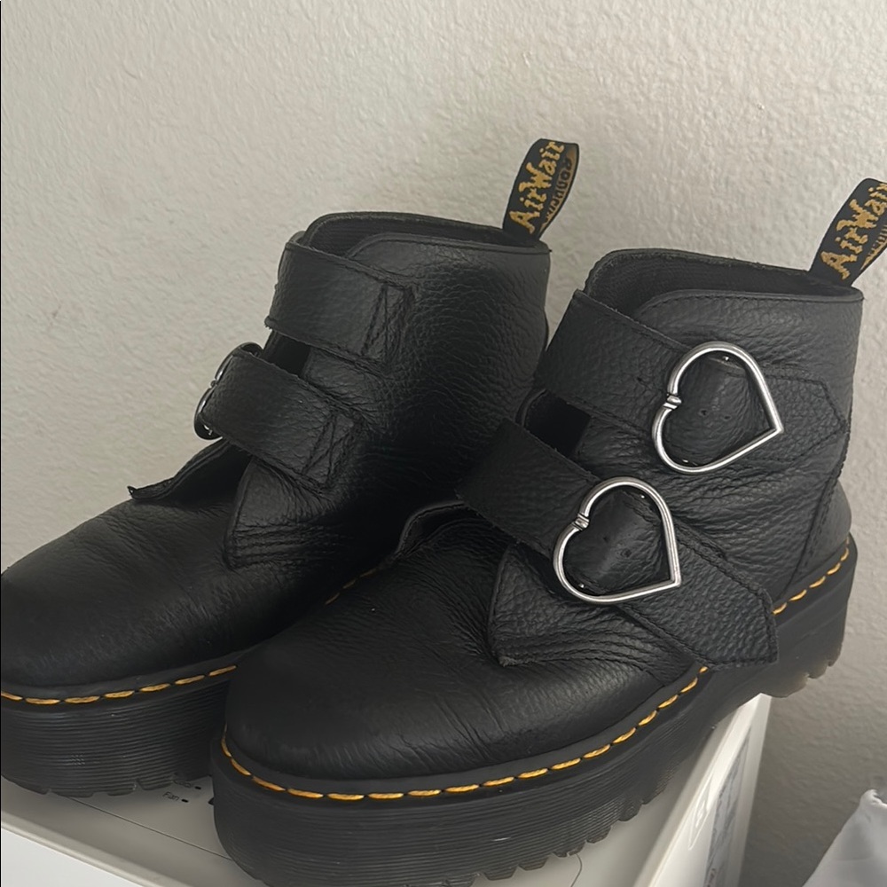 Dr. Martens Black Leather Boots with Heart Buckles